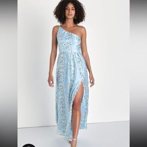 Bloom Into Love Blue Floral Organza One-Shoulder Maxi Dress